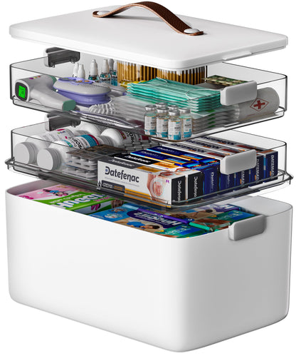 CTIME Extra Large Medicine Storage Box - 3-Tier Medication Organizer with Portable Leather Handle