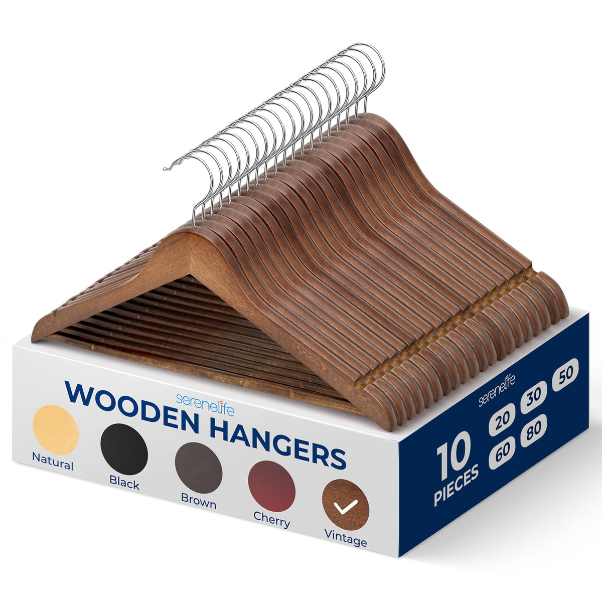 SereneLife Wooden Hangers 10 Pack, Non-Slip, Sturdy, Heavy Duty Suit Hanger Set with 360° Chrome Swivel Hook
