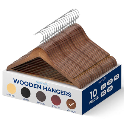 SereneLife Wooden Hangers 10 Pack, Non-Slip, Sturdy, Heavy Duty Suit Hanger Set with 360° Chrome Swivel Hook