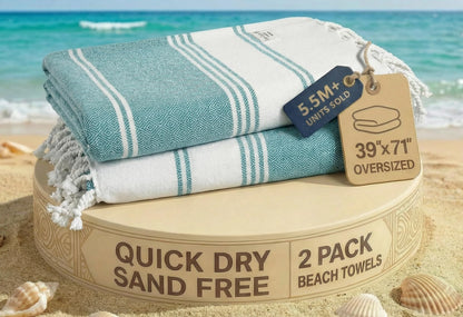 LANE LINEN Turkish Beach Towels, 2 Pack Extra Large Beach Towel, Pre-Washed for Soft Feel, Cotton Rich Oversized Sand Free Quick-Dry Pool Towel
