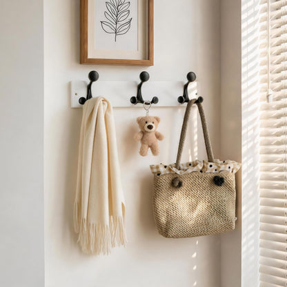 HONSKY Wall Mounted Coat Rack, 43cm White Pine Wood Base, 3 Black Sturdy Aluminium Alloy Triple Hooks (9 Hanging Points)