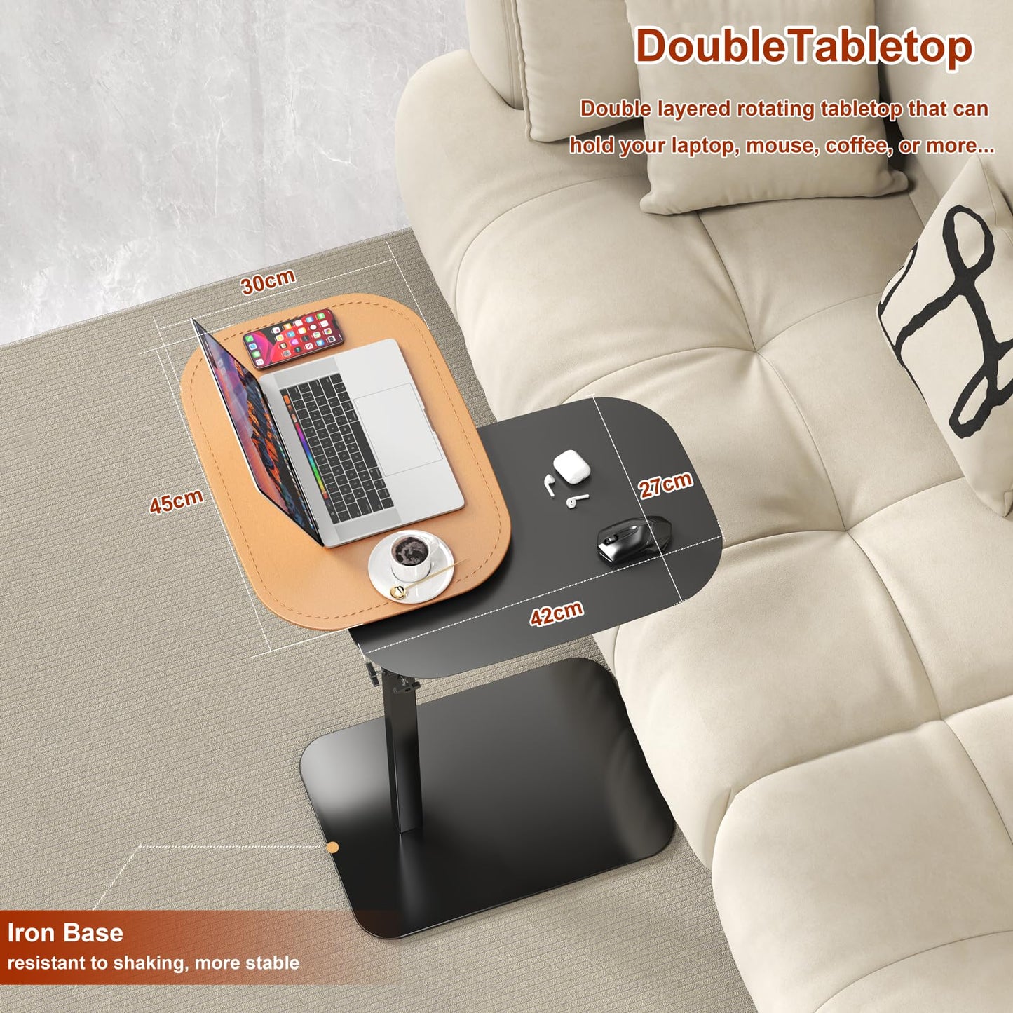 Adjustable Height C Shaped Side Table, 360°Swivel Bedside Table, Double Tabletop Laptop TV Tray Table Narrow End Table for Sofa/Bed