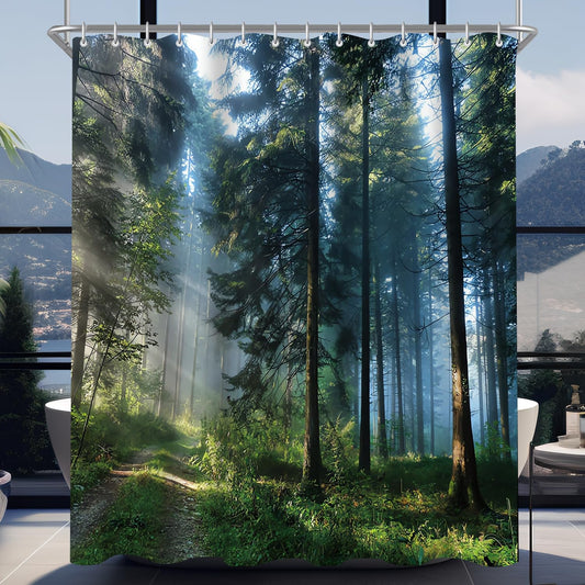 Lerores Shower Curtain, 180 x 170 cm, Forest Jungle, Weighted Hem, Anti-Mould Textile, Water-Repellent, Washable Polyester Bath Curtains with 12