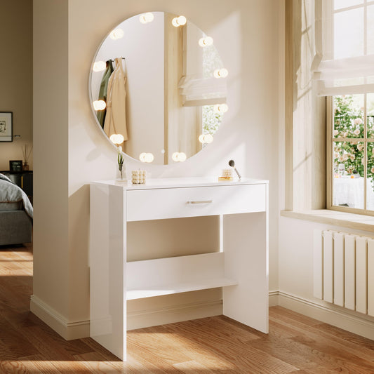ELEGANT Dressing Table with Mirror and Adjustable LED Brightness with 12 Bulbs, Large Capacity Makeup Table with Partition Storage, Vanity Table for