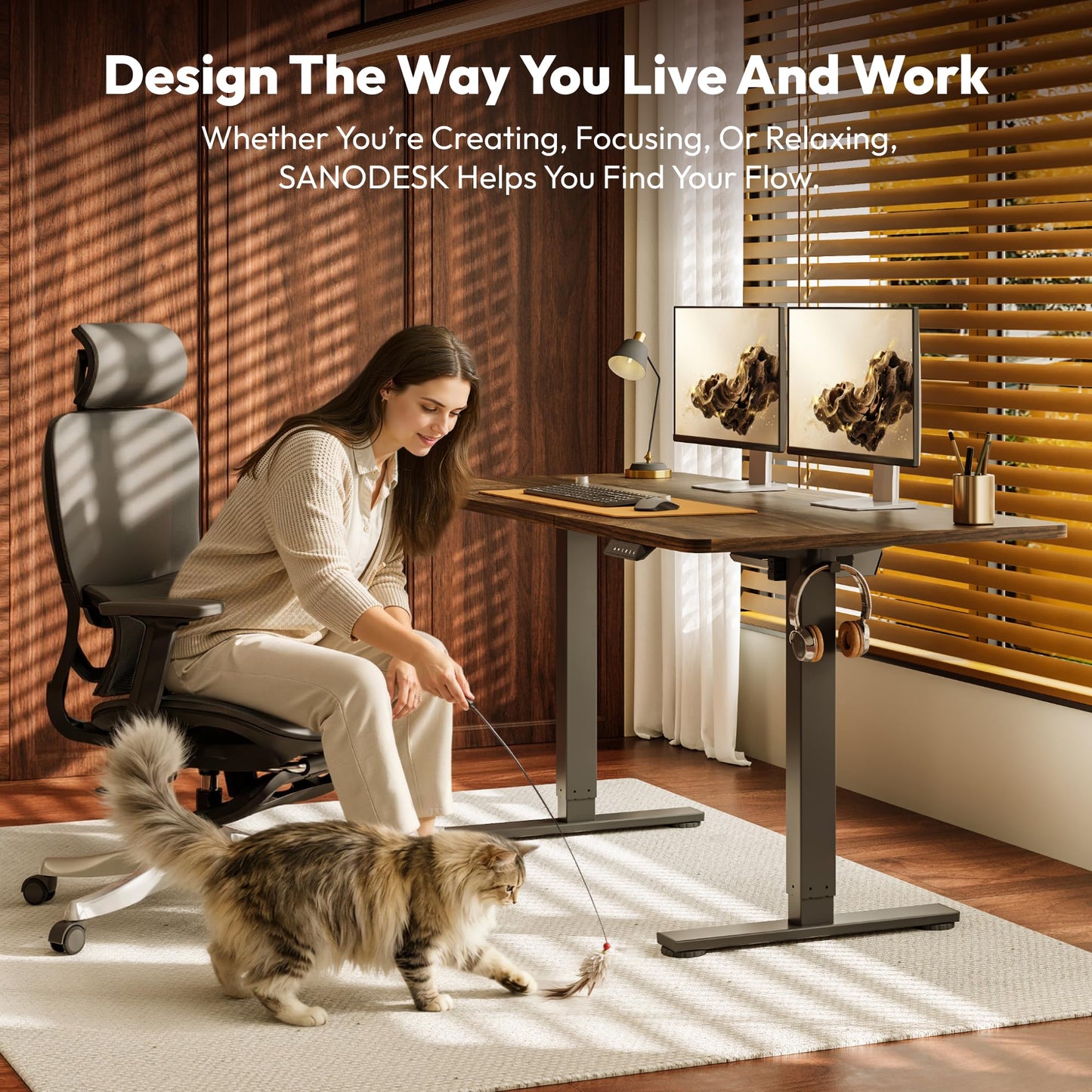 SANODESK Electric Standing Desk 140 * 60 Height Adjustable Desk With Memory Smart Panel Sit Stand Table With Cable Management for Home Office, Brown