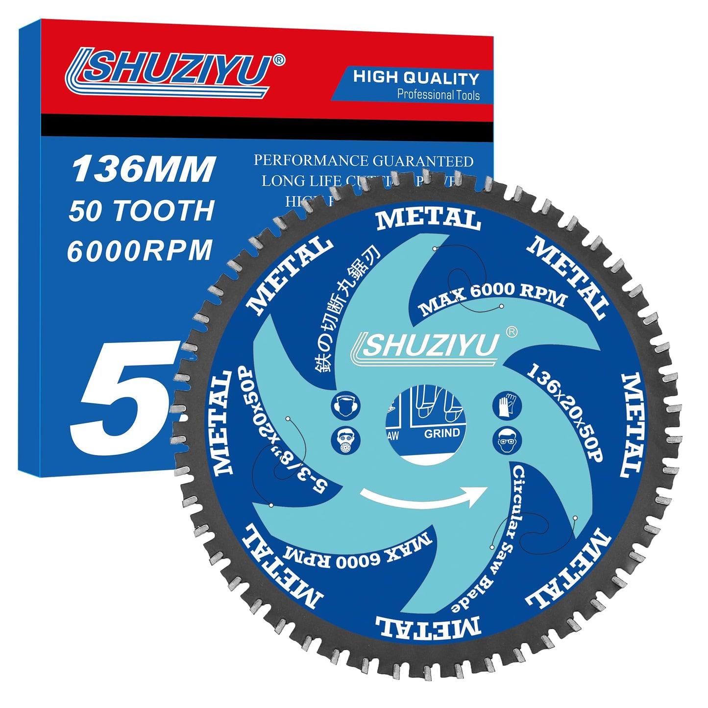 5-3/8?(136mm)-50T, Ferrous Metals Cutting Circular Saw Blade, Arbor 20mm with 5/8"-10mm Washer, Compatible with Cordless Saw, Metal, Steel Iron Bar,