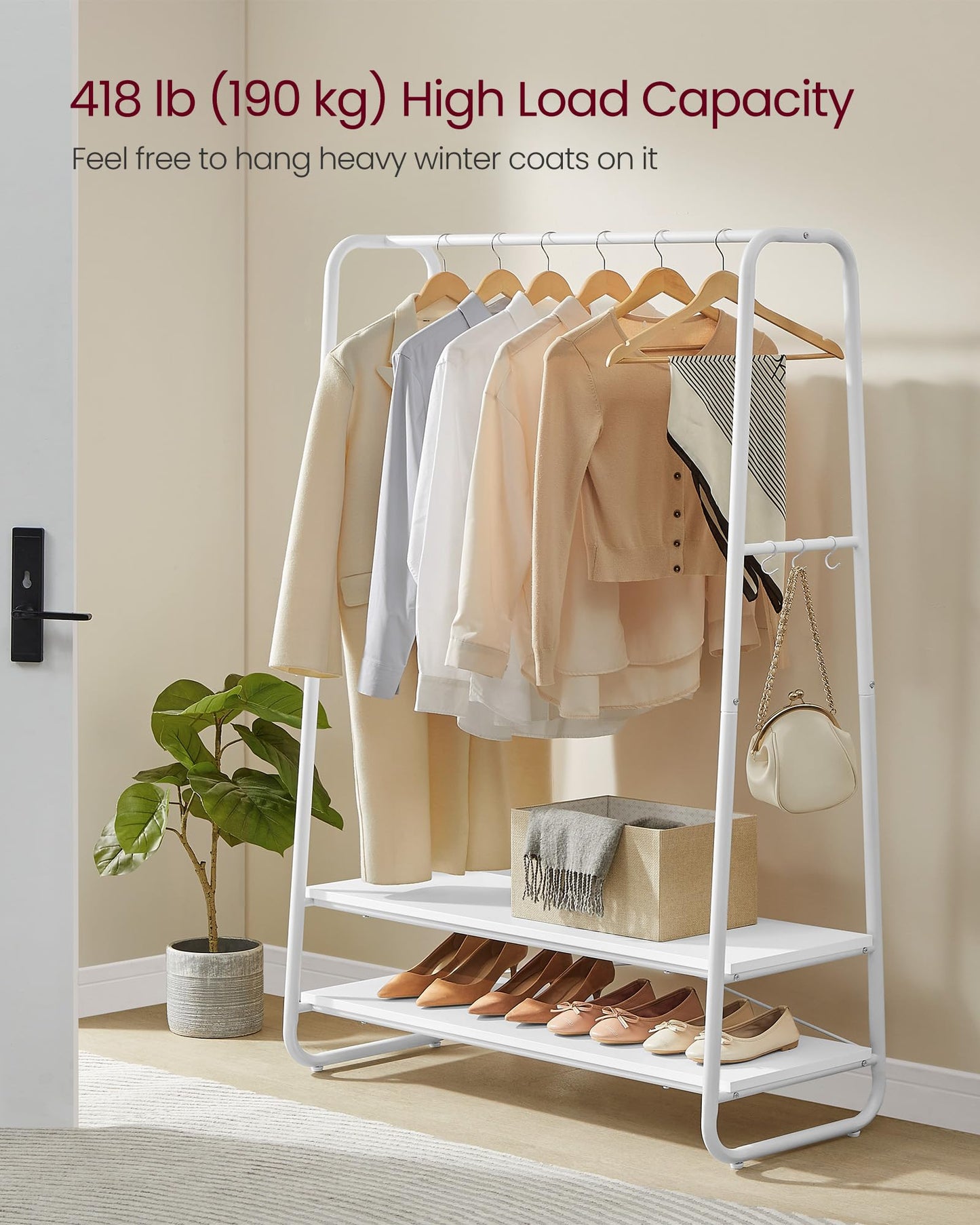VASAGLE Clothes Rail, Clothes Rack with 2 Shelves, 6 S-Shaped Hooks, Steel Frame, for Bedroom, Cloud White and Matte White RGR112W02
