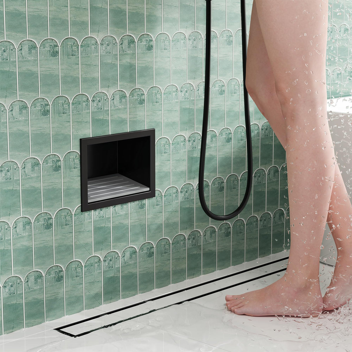 Neohomee Wall Recess Shower Recessed Shower Foot Rest Made of 304 Stainless Steel Recess with Non-Slip Silicone Pads for Bathroom, Black