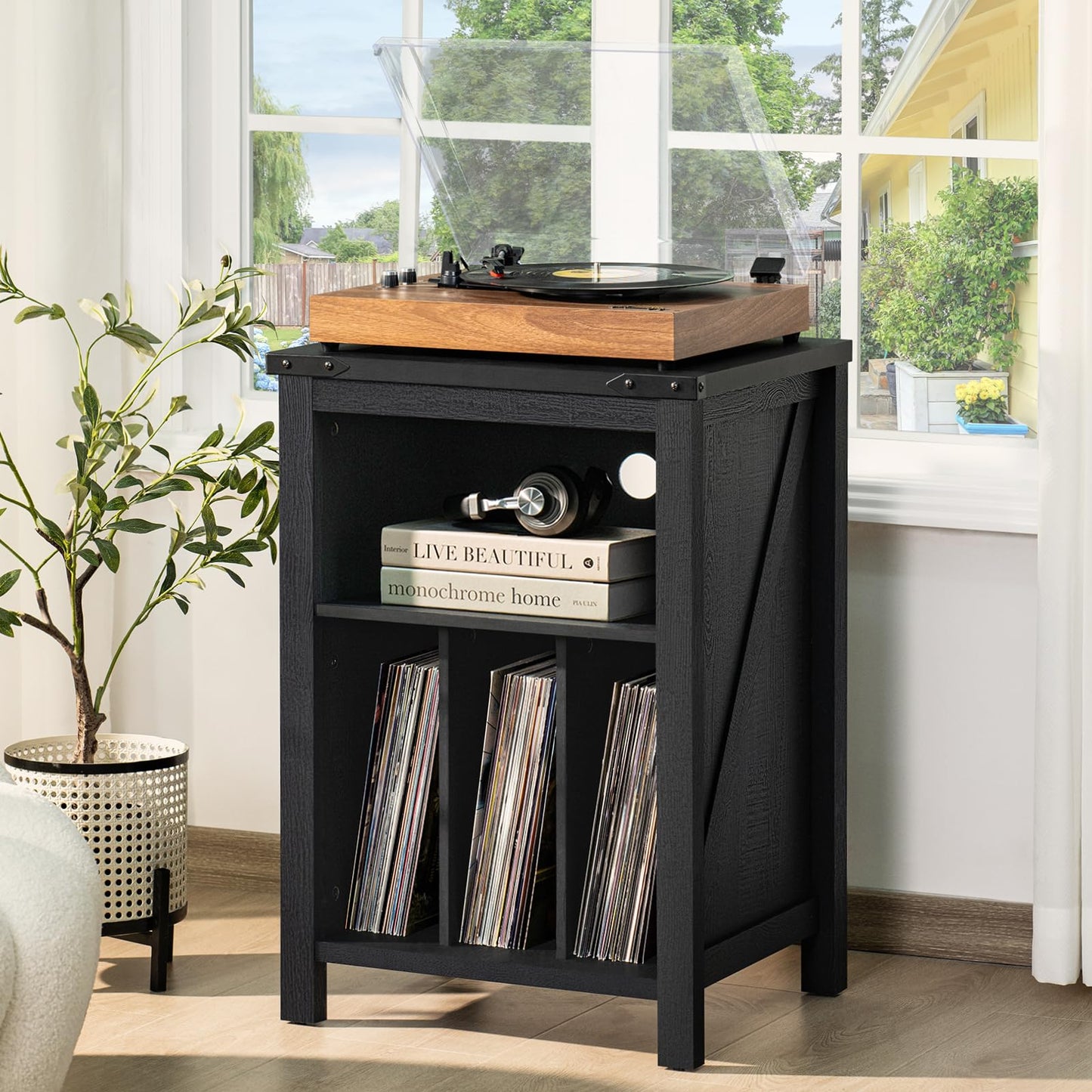 LELELINKY Record Player Stand with Vinyl Record Storage,Black