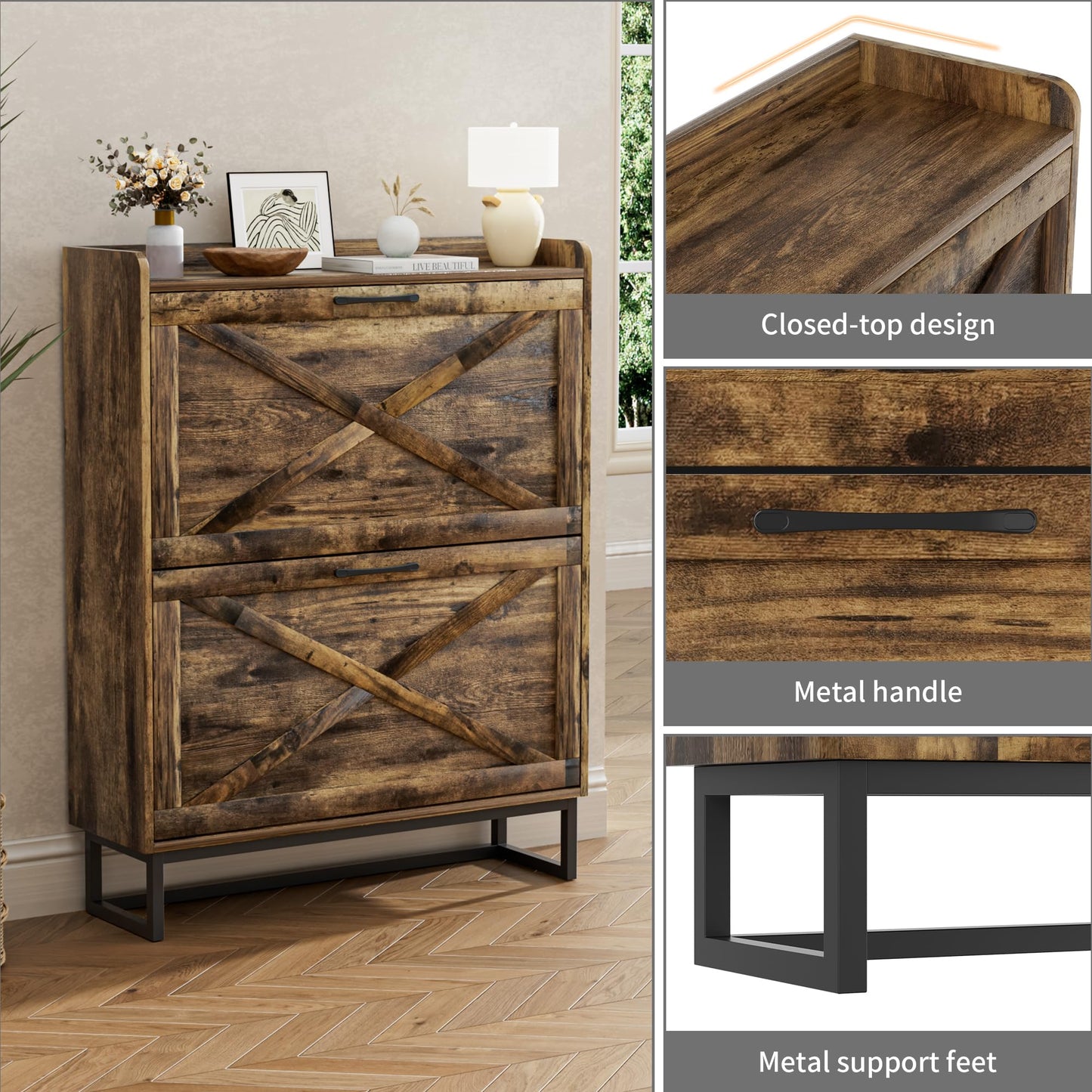 BonVache Rustic Shoe Cabinet 80cm Width For Hallway, Brown Cabinet Shoes with 2 Drawer Can Storage 16-20 Pairs of Shoes