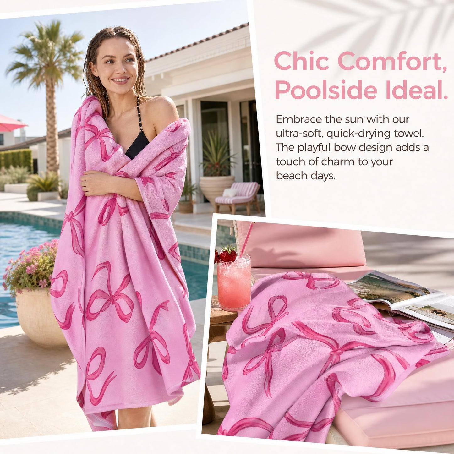 Maslasee Pink Bow Microfibre Beach Towel for Women, Soft Microfibre, Sand - Free, Lightweight Swimming Towel for Beach, Pool, Travel & Gifts