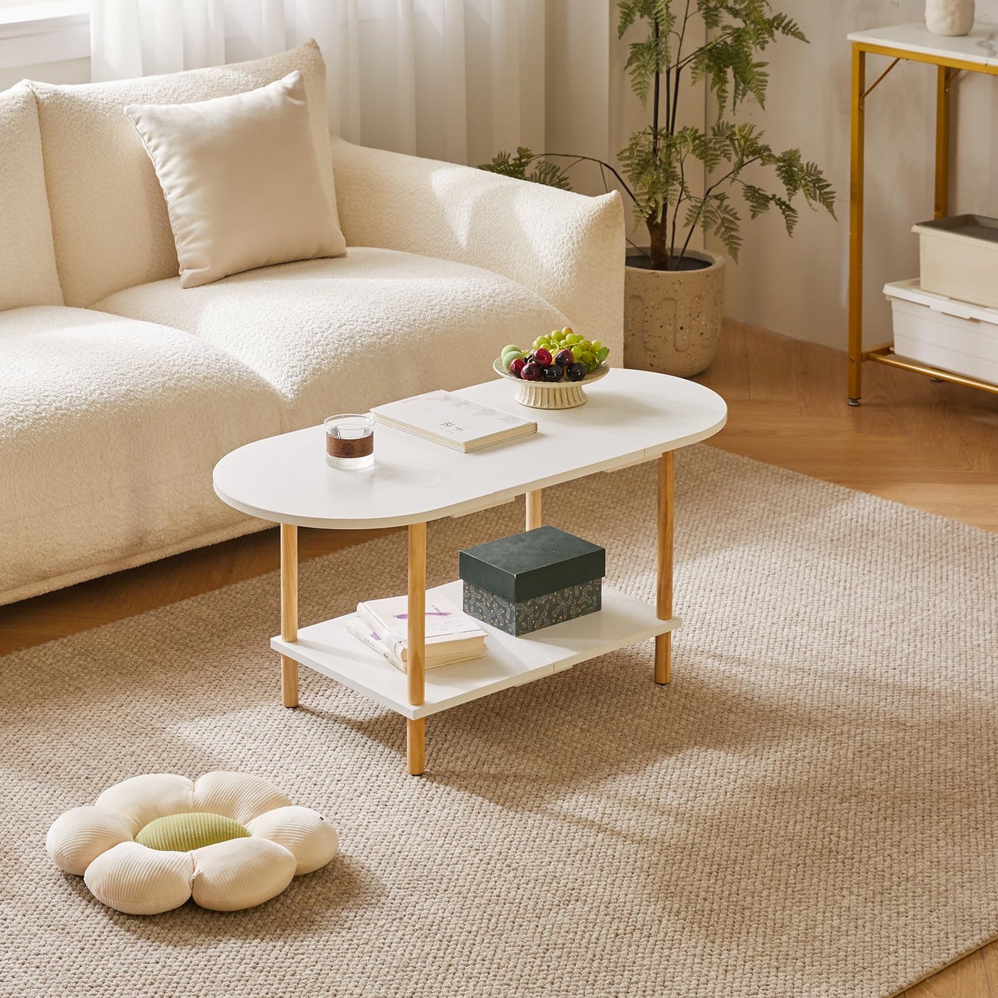 Aibiju Oval Coffee Table White, Small Wooden Coffee Table for Small Space, Splicing Design 35 * 16 * 17in