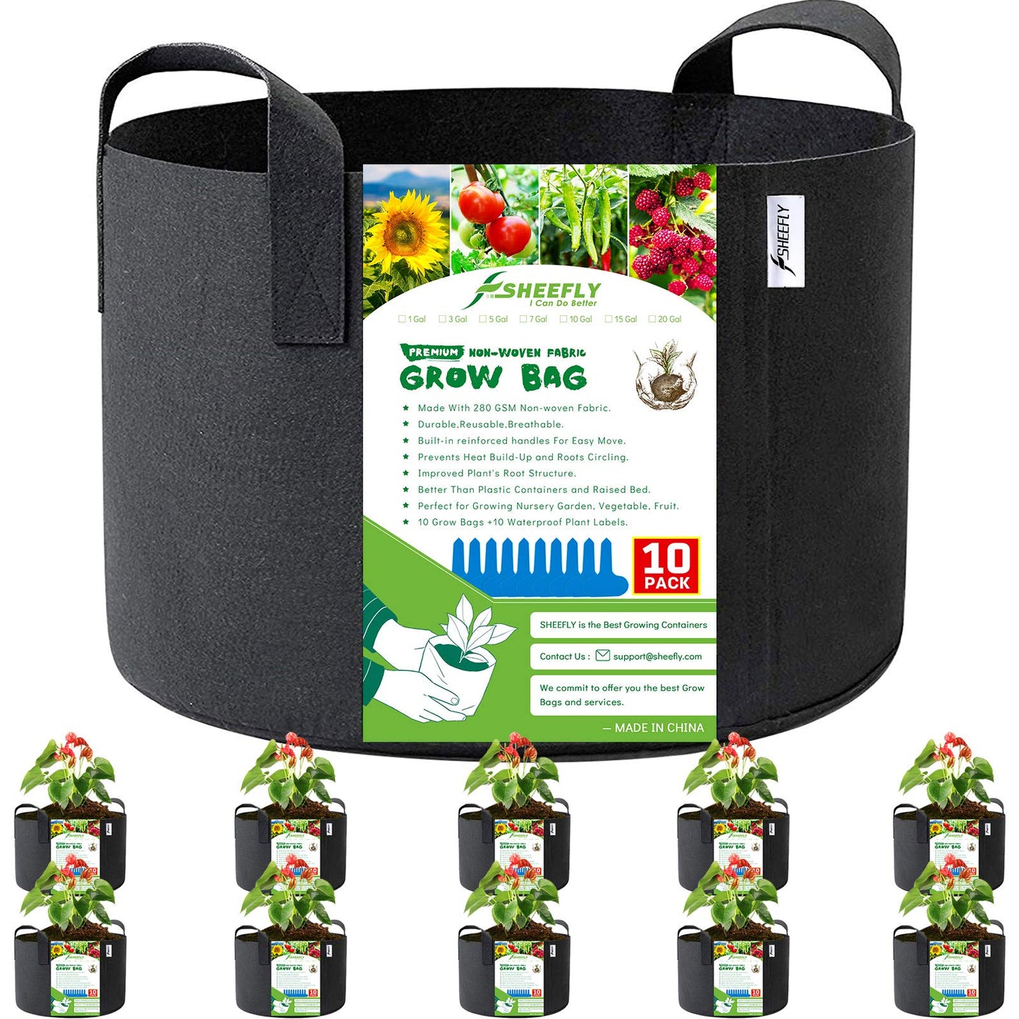 SHEEFLY 10 Pack 15 Gallon Grow Bags,Non Woven Durable Thickened Aeration Fabric Pots Container with Reinforced Handles for Nursery