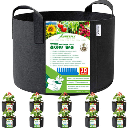 SHEEFLY 10 Pack 15 Gallon Grow Bags,Non Woven Durable Thickened Aeration Fabric Pots Container with Reinforced Handles for Nursery