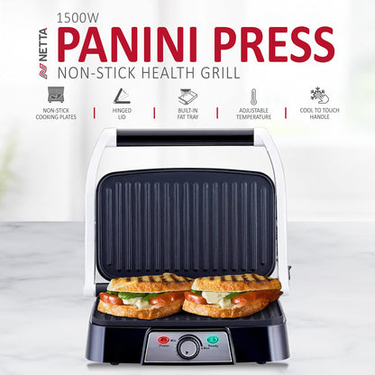 NETTA Panini Maker & Health Grill - Sandwich Toaster, Panini Press - 2 Slice Non-Stick Grill Plates  Built-In Fat Tray - 1500W - Stainless Steel