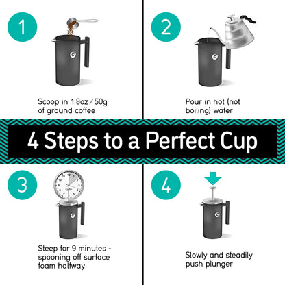 Coffee Gator Cafetiere - 1L French Press Coffee Maker with Jar - Large Capacity Double-Wall Insulated Stainless Steel Brewer - Hotter for Longer,Gray