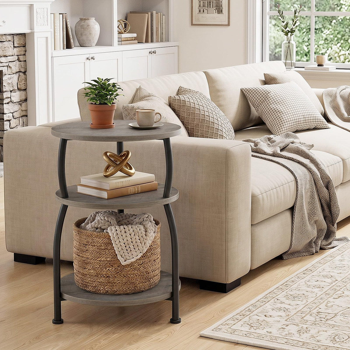Yuede 3 Tier Side Table, Round Coffee Table, End Table with Storage Shelf, Bedside Table, for Living Room, Bedroom, Metal Frame, 40 x 61 cm, Gray