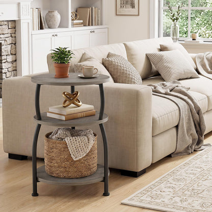 Yuede 3 Tier Side Table, Round Coffee Table, End Table with Storage Shelf, Bedside Table, for Living Room, Bedroom, Metal Frame, 40 x 61 cm, Gray