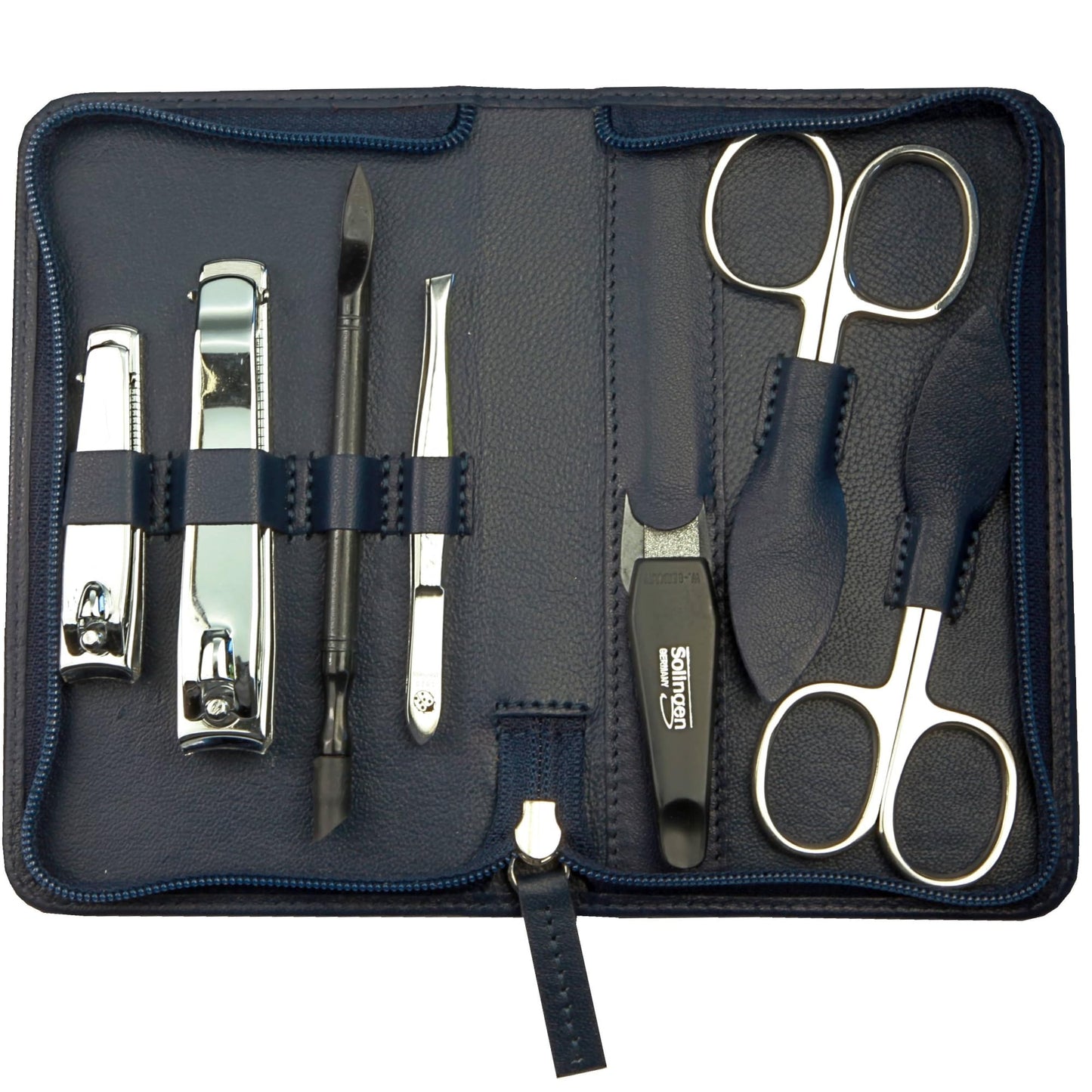 Manicure Set 7-Piece - Zipper Case with Stainless Steel & Carbon Steel Instruments - Manicure and Pedicure Set - Nappa Lambskin Case (Navy Blue)