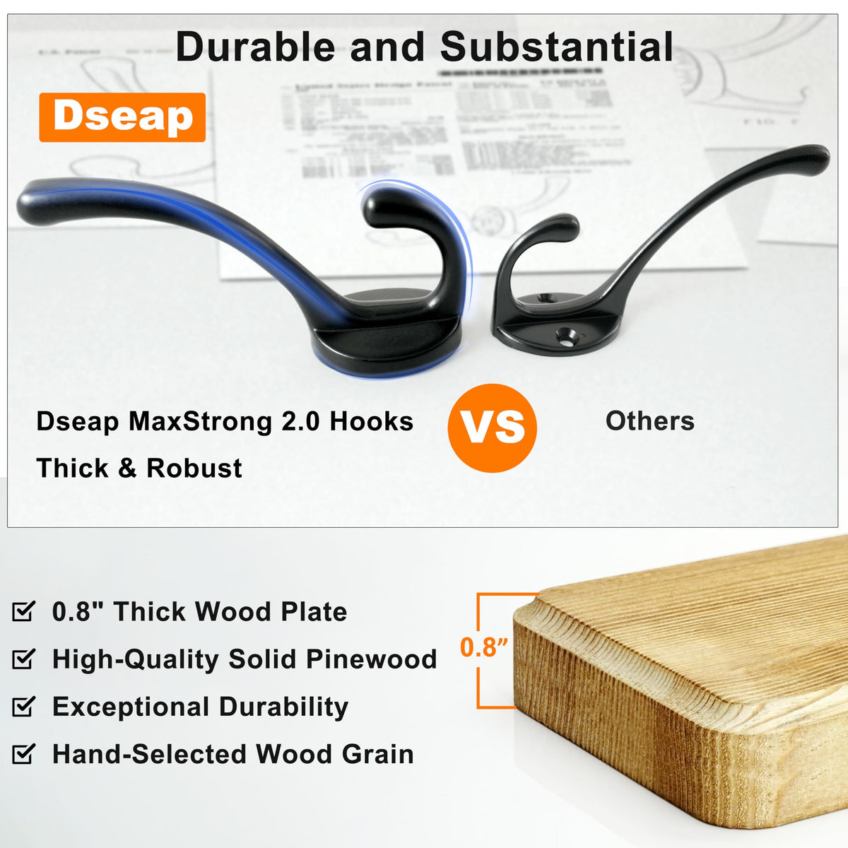 Dseap Coat Rack Wall: 97cm Long, Patented, Heavy-Duty, 10-Double-Hooks Wooden Wall Mounted Coat Rack Coat Hanger Hook Rail for Winter Coats Hat