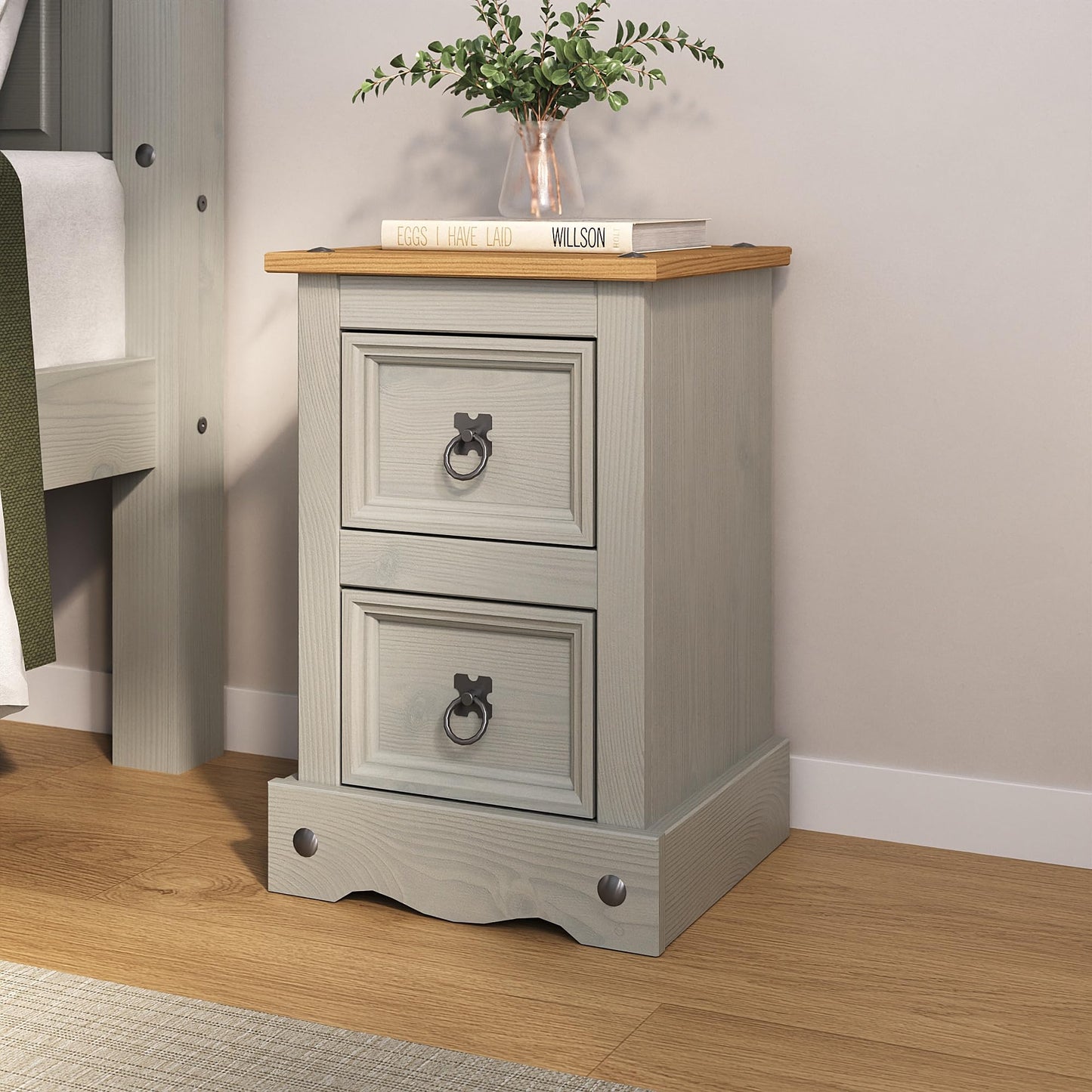 Corona Bedside Table 2 Drawer Two Tone Pine Wood Grey Mexican