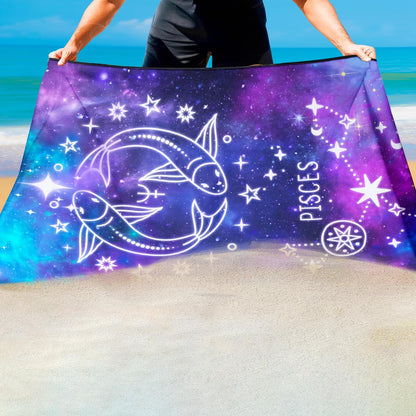 Violetpos Pisces Zodiac Sign Beach Towel for Astrology Fans, Extra Large 180x90 cm 250GSM Microfibre, Sand Free Quick Dry