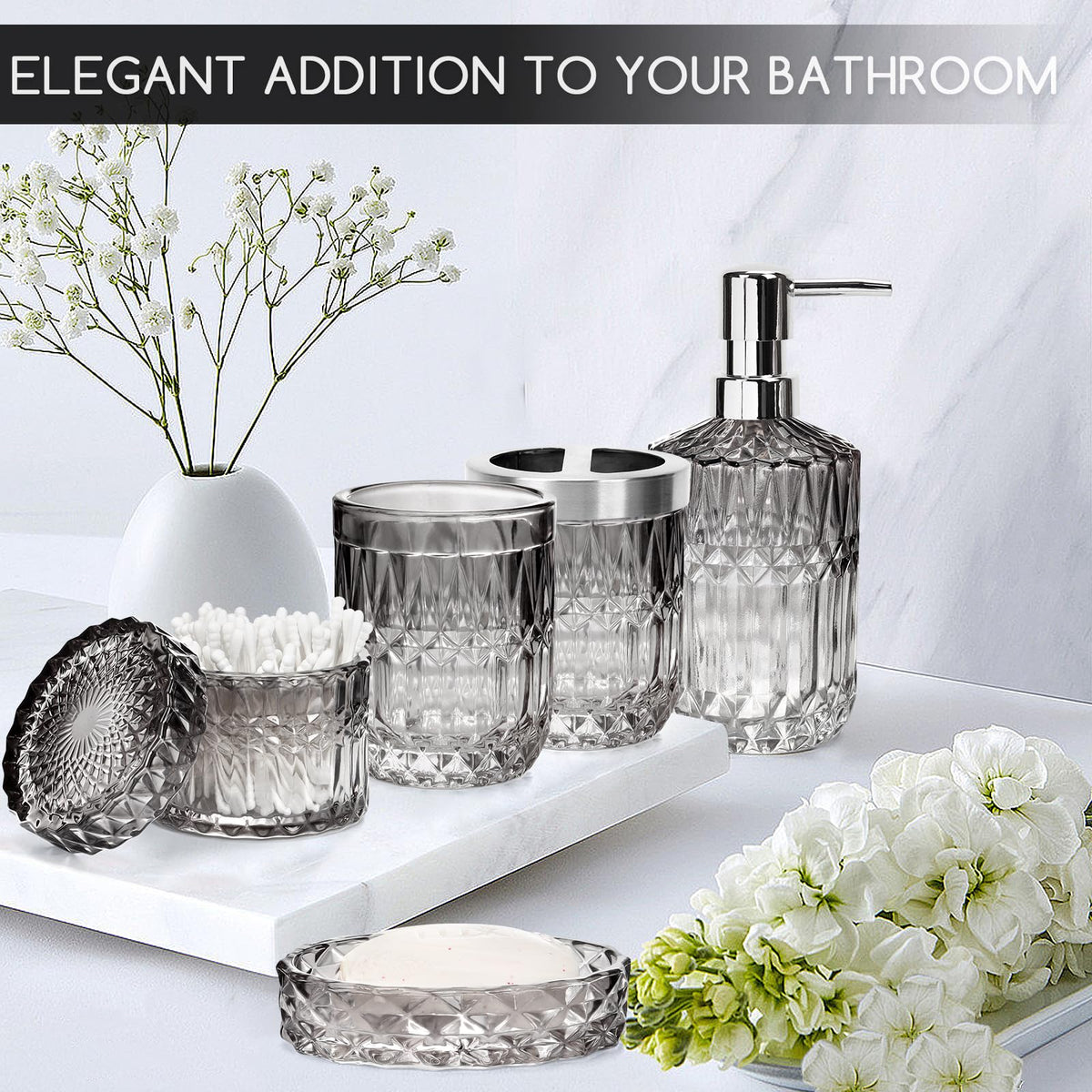 5-Piece Glass Bathroom Accessories Set – Gradient Black & Clear