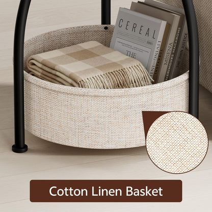 Yuede Side Table with Fabric Basket, Round End Table, 3 Tier Bedside Table, Coffee Table for Living Room, Bed Room, Modern, 40 x 61 cm, Brown