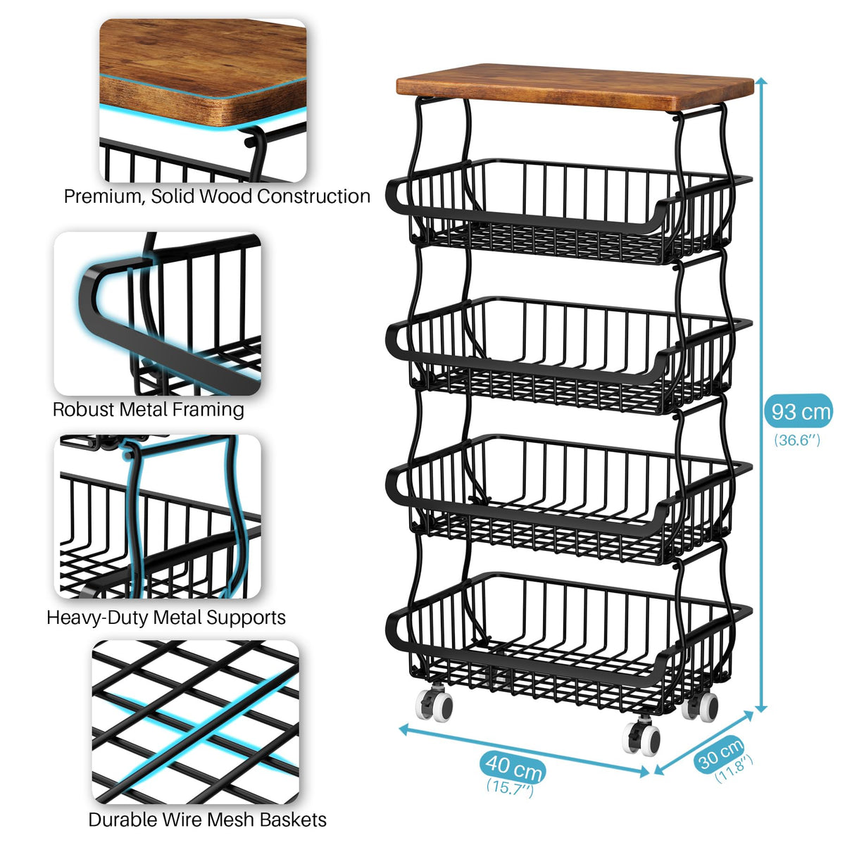 5 Tier Vegetable Fruit Basket for Kitchen, Stackable Metal Fruit and Vegetable Storage Baskets with Rolling Wheels Cart