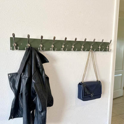 SKOLOO Creations Forest Green Solid Wood Wall Mounted Coat Rack, 10 Hooks, 38-1/8" Long - Kitchen, Mudroom, Entryway, Bathroom