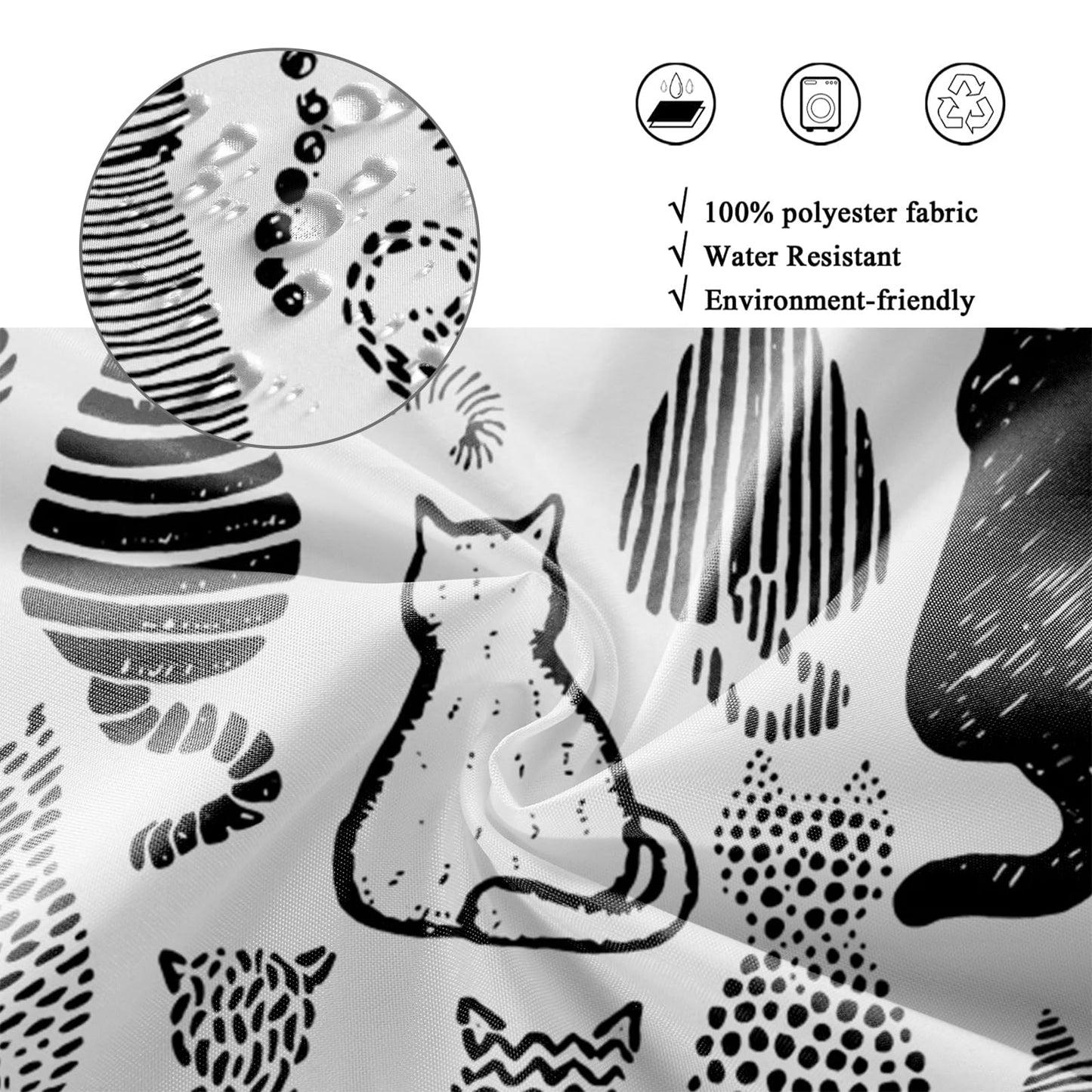 GCIREC Shower Curtain, 180x200cm, Cute Cat Funny Black and White Cartoon Kitty Waterproof Fabric Machine Washable Bathroom Curtain with Hooks