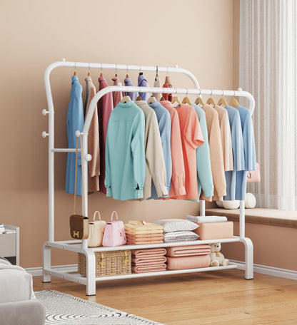 OPPAIYA Heavy Duty Clothes Rail with Double Hanging Rods & 8 Hooks,Clothing Rack with Wide Bottom Base