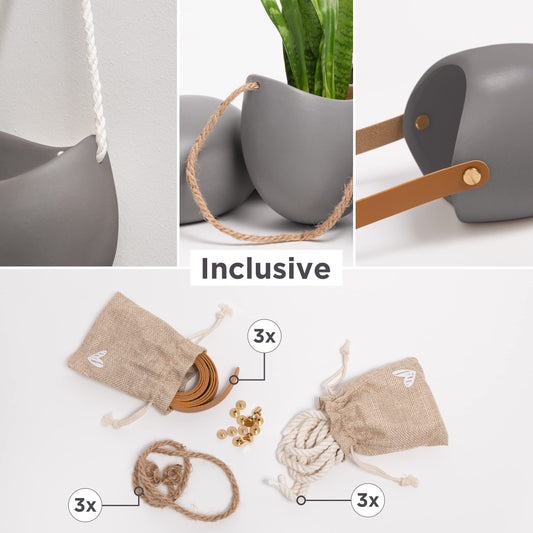 Kazai. Wall Planters -Ellie- | Hanging Ceramic Plant Pots, 3 Pieces, for Succulents and more | Wall Decoration for Indoors, Balcony and Garden | Grey