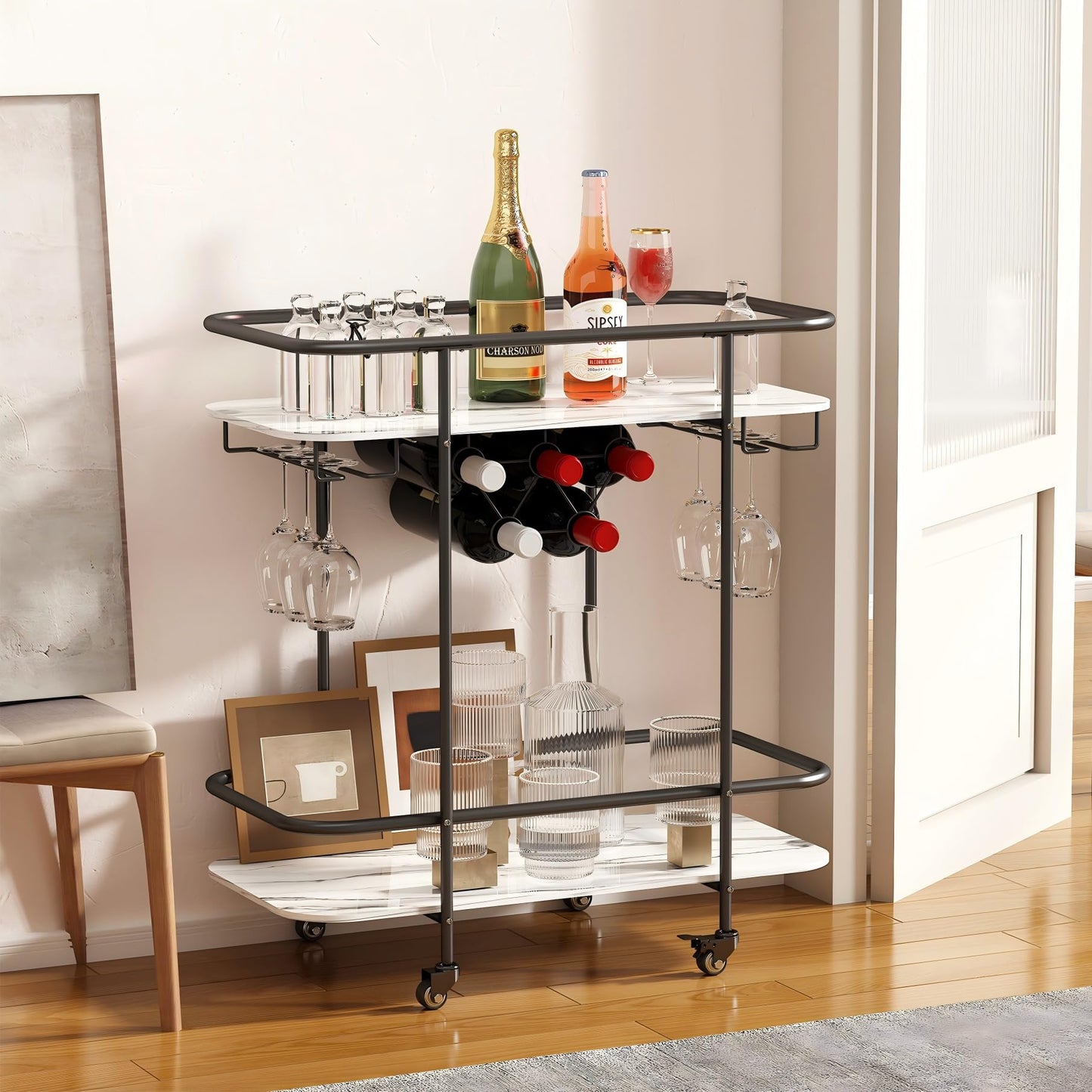 DAWNYIELD 2 Tier Mobile Bar Serving Cart, Drinks Trolley on Wheels, Black