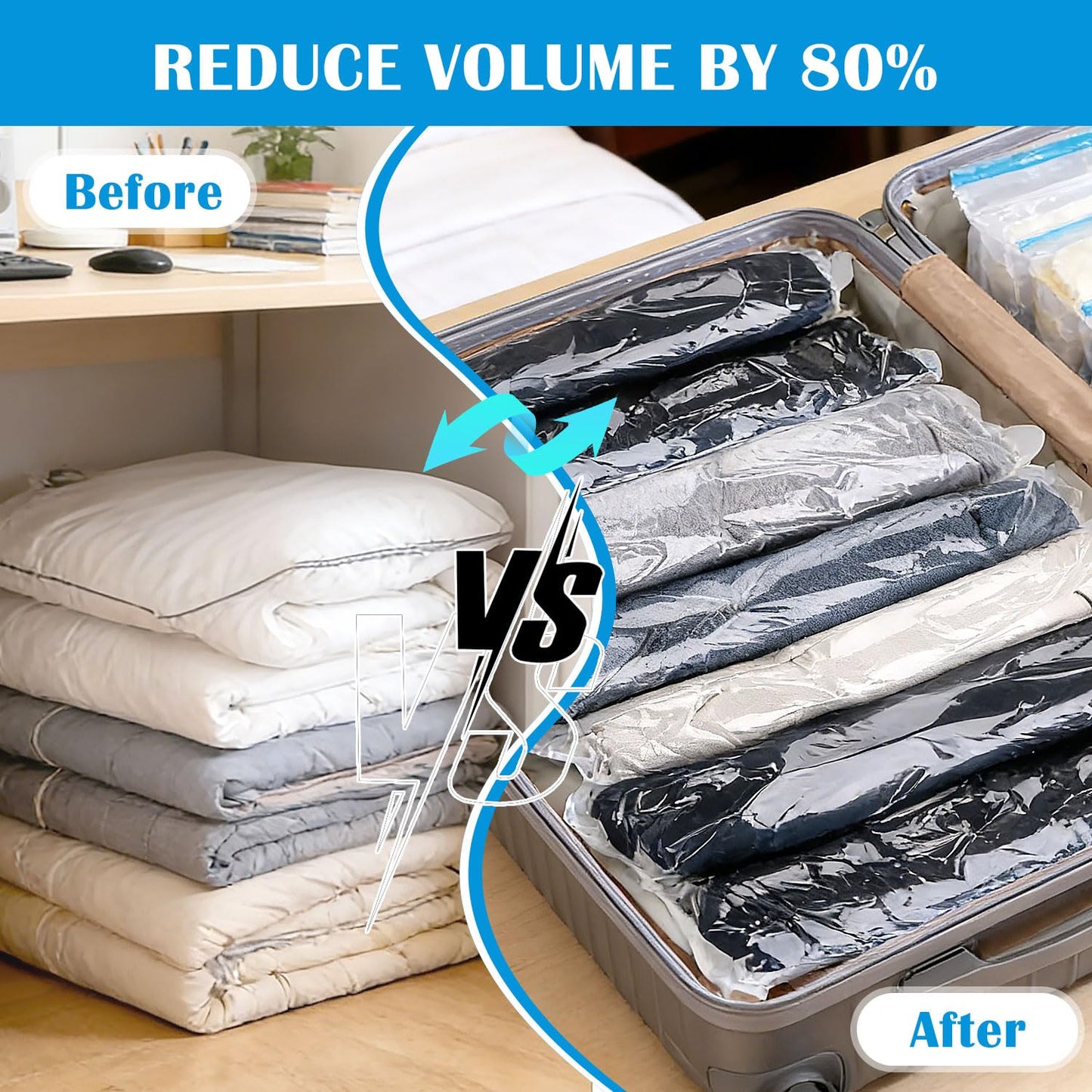OWill Vacuum Storage Bags 6 Pack with Travel Hand Pump, Reusable Space Saver Bags for Clothes, Sweaters & Blankets, 3 Mixed Sizes