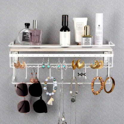 J JACKCUBE DESIGN JackCubeDesign Hanging Jewelry Organizer with 9 Hooks, Wall Mount Necklace Earring Bracelet Sunglass Holder with Wood Shelf