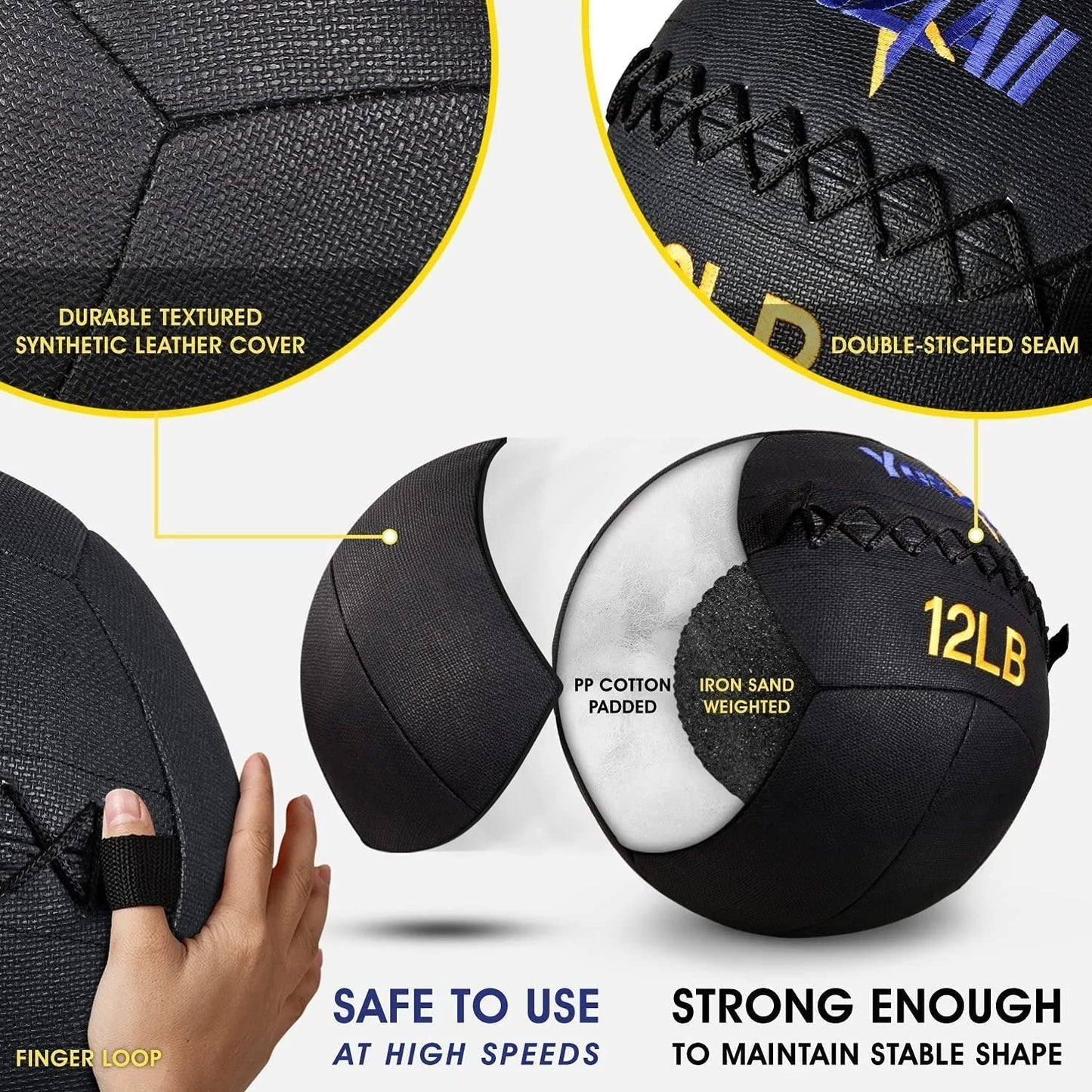 Yes4All U5WN 5.4kg Wall Ball - Soft Medicine Ball/Wall Med Ball for Full Body Workout and Strength Exercise, Negro