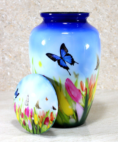 ESPLANADE Metal Cremation Urn Memorial Jar Pot Container | Full Size Urn for Funeral Ashes Burial | Butterfly with Flowers Print | Blue - 10" Inches