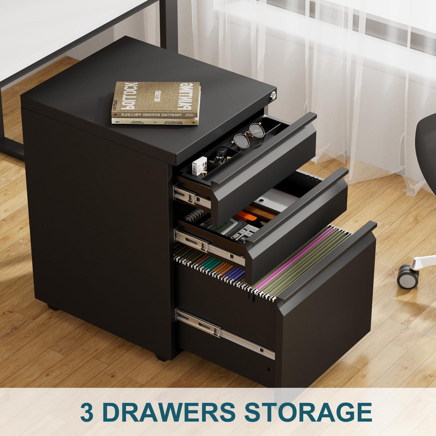 LVSTEEL Mobile Filing Cabinet, Lockable 3 Drawers with Suspension File Hanging Rails, With 4 Keys