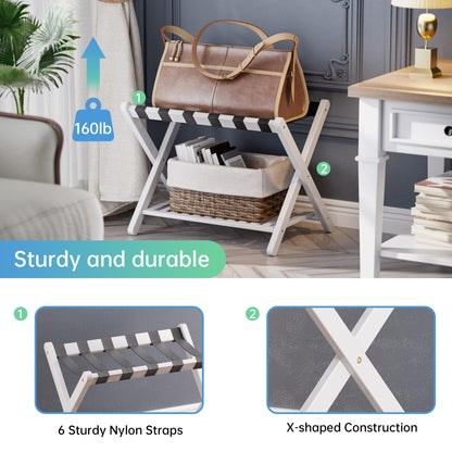 SMIBUY Luggage Rack, Foldable Bamboo Suitcase Stand with Storage Shelf for Guest Room, Bedroom, Hotel, Heavy-Duty (White)