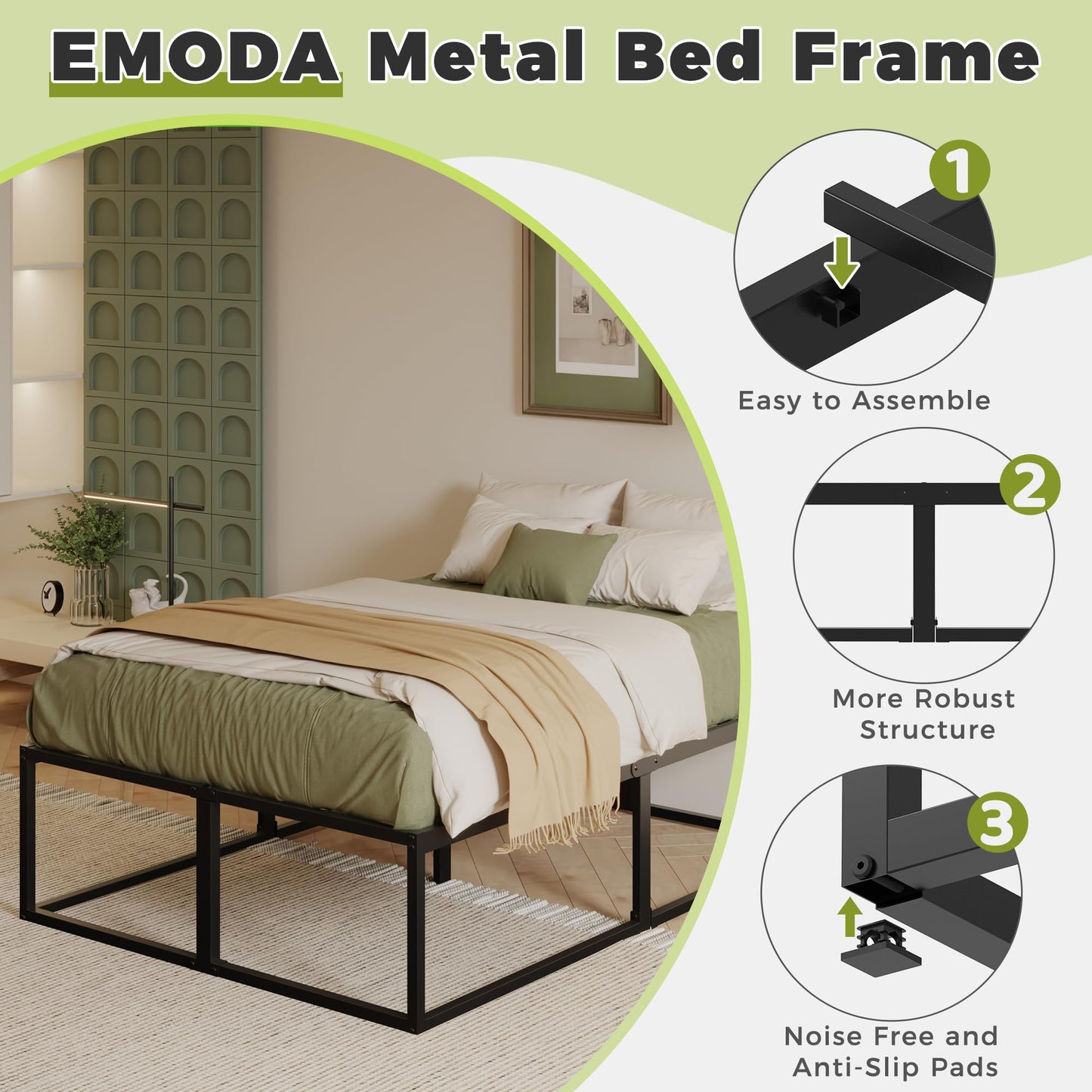 EMODA Small Double Bed Frame 4ft with Sturdy Slats Support, Black