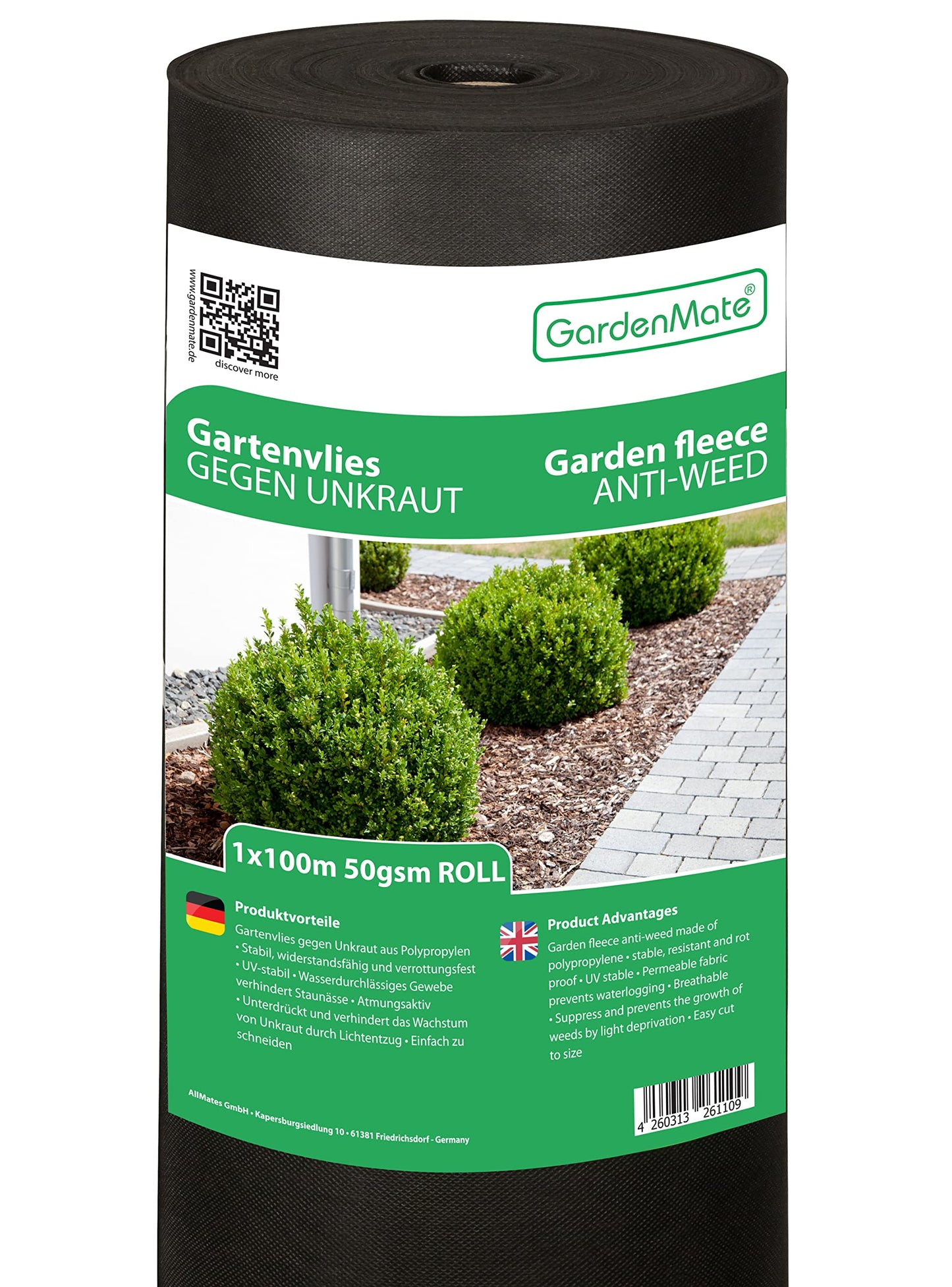 GardenMate 1m x 100m garden fleece 50g/m? - roll of weed fleece - Tear-resistant - High UV stabilisation - Water permable