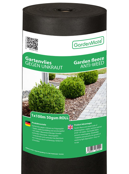 GardenMate 1m x 100m garden fleece 50g/m? - roll of weed fleece - Tear-resistant - High UV stabilisation - Water permable