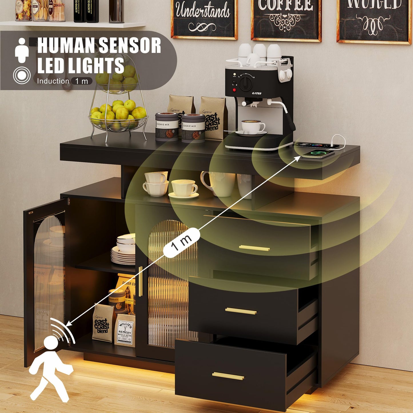 FREDEES Sideboard Buffet Cabinet with 3 Drawers and LED Lights, Black