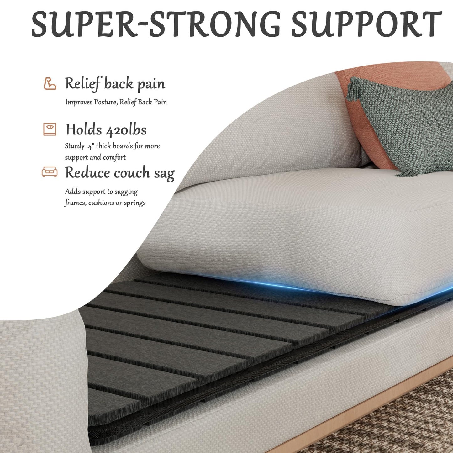 VERONLY Heavy Duty Couch Cushion Support Board- (60x205CM) Extra Thick Solid Wood Under Couch Insert to Instantly Repair Sagging Sofa Seat