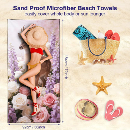 Violetpos Deer in Roses & Larkspur Beach Towel, Extra Large 180x90 cm 250GSM Microfibre, Sand Free Quick Dry