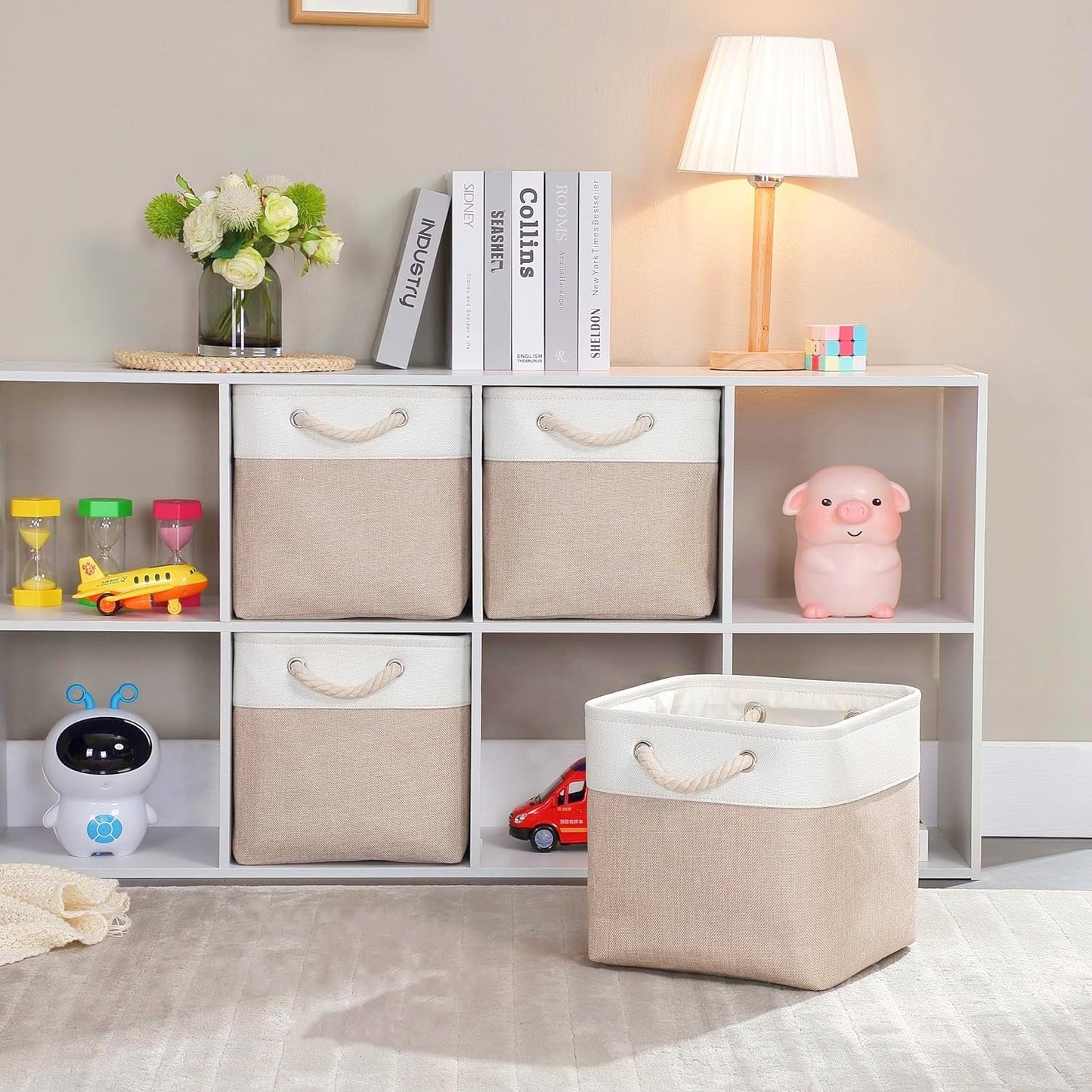 Mangata Fabric Storage Baskets,33 x 38 x 33cm Large Foldable Storage Boxes for Organizing Clothes Shelf Nursery Closet(Beige/White, Set of 4)