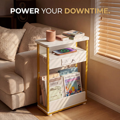 YEAKOO Narrow Side Table With Charging Station, 3 Tier End Table with 2 USB Ports & Power Outlets,Slim Sofa Side Table for Narrow and Small Spaces