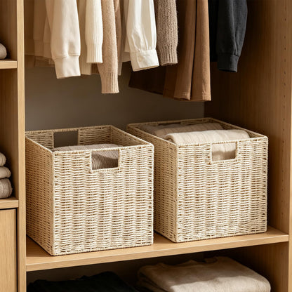 Vagusicc Wicker Storage Baskets, Set of 2 Hand-Woven Paper Rope Foldable Cube Bins Organizer, 11 Inch Square for Shelves Pantry Organizing Decor