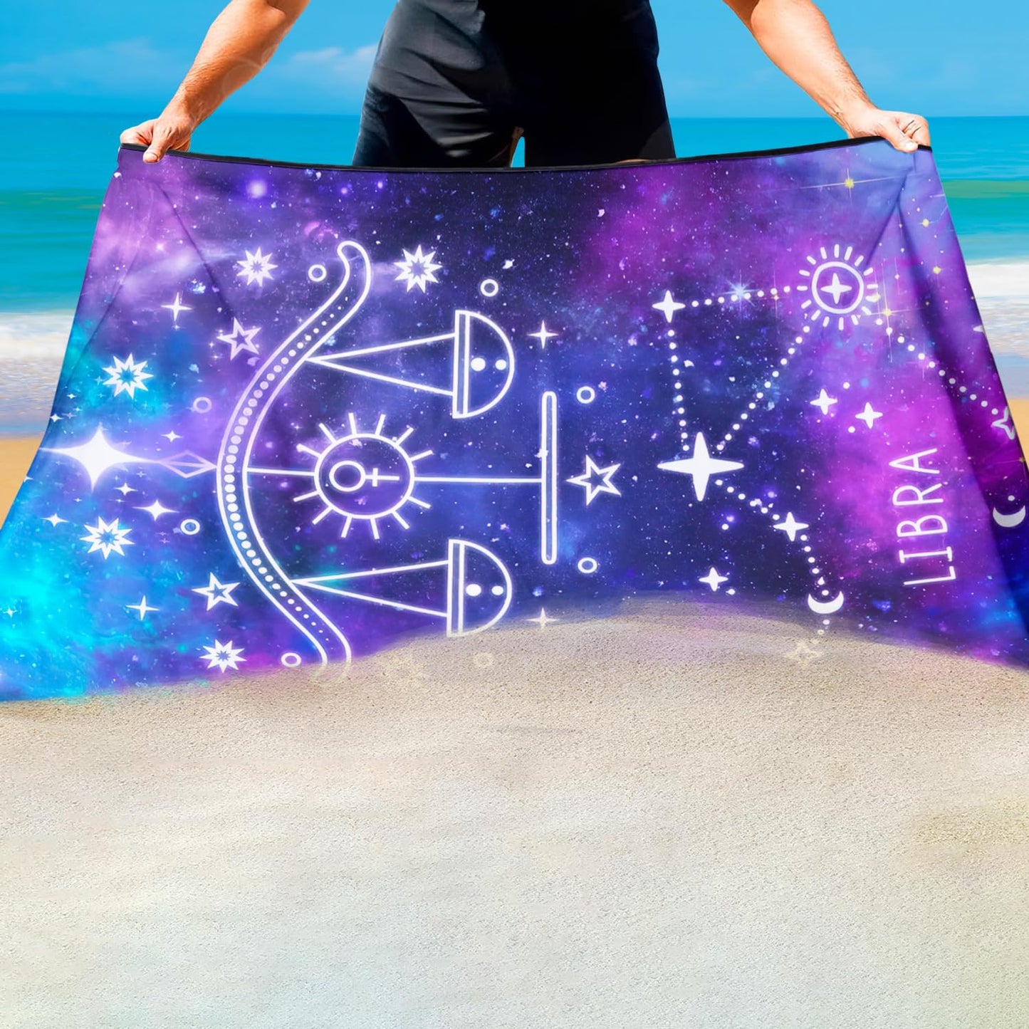 Violetpos Libra Zodiac Sign Beach Towel for Astrology Fans, Extra Large 180x90 cm 250GSM Microfibre, Sand Free Quick Dry